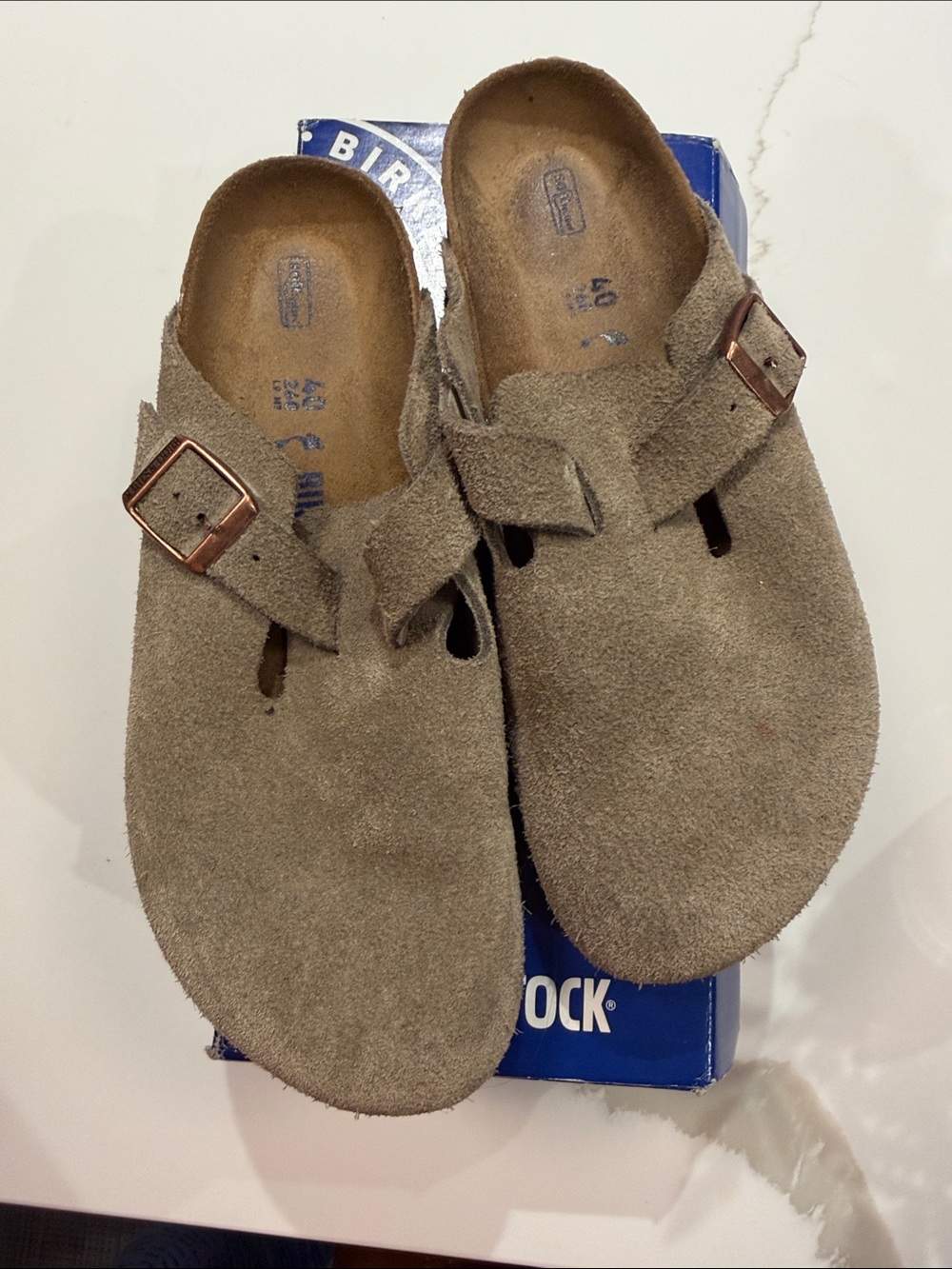 Birkenstock Taupe Suede Clog Mules with Copper Buckles